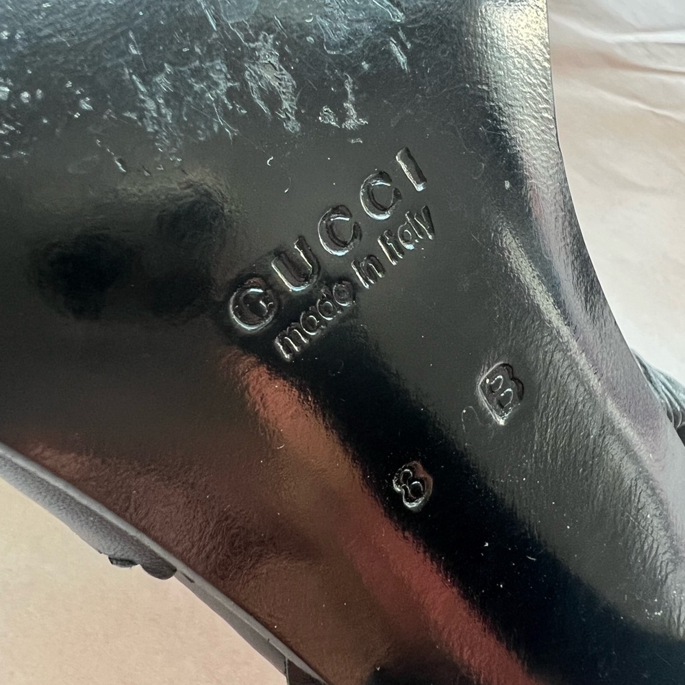 VTG 90s GUCCI slingback sandals sz 8 black leather scalloped edge 4.25in heel - Picture 8 of 16